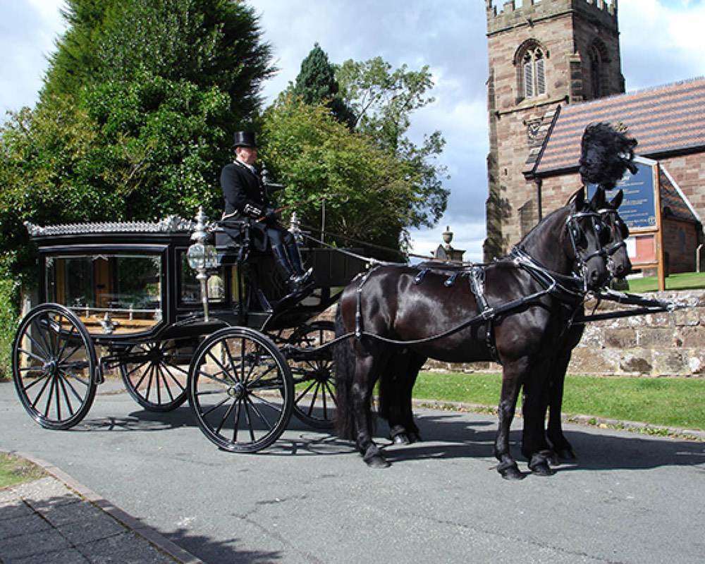 We are able to supply a choice of Horse drawn Hearse’s pulled by a pair or team of four Belgian black or grey horses. Carriages are available in black or white with a choice of plumes.